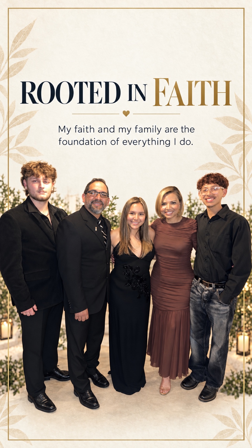 Blanca Vega with her family and the words Rooted in Faith